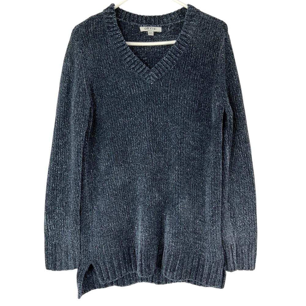 Orvis Blue Marled Chenille Sweater Size M Pullover V-Neck Long Sleeve Side Slit